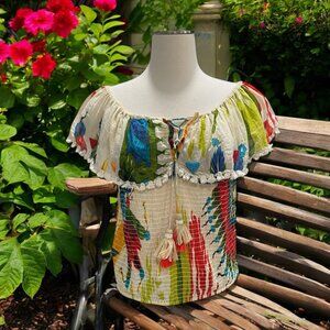 NJ Couture Colorful Smocked Off-Shoulder Boho Top M/L Tassel Tie Ruffled Floral